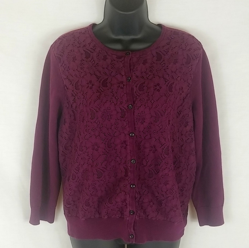 Chaps Floral Lace Cardigan Button up Sweater Women XL